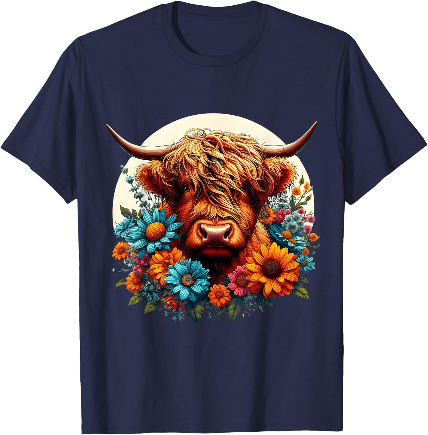 Scottish Cute Highland Cow Cattle Hairy Cow Flowers Colorful T-Shirt - T-Shirt | Navy