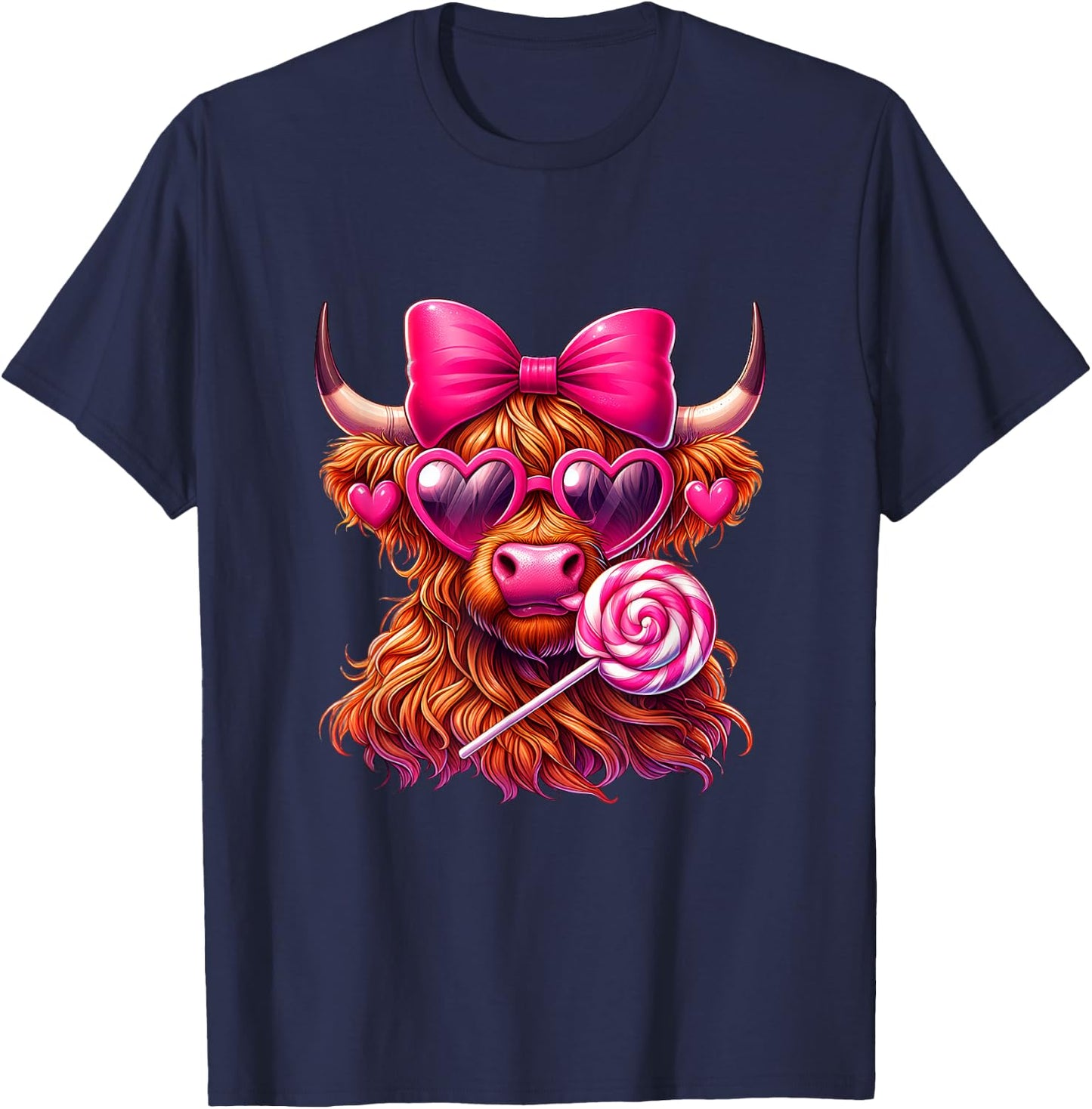 Valentines Highland Cow coquette bow Heart Glasses Lollipop T-Shirt - T-Shirt | Navy