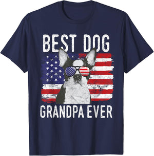 American Flag Best Dog Grandpa Ever Boston Terrier USA T-Shirt - T-Shirt | Navy