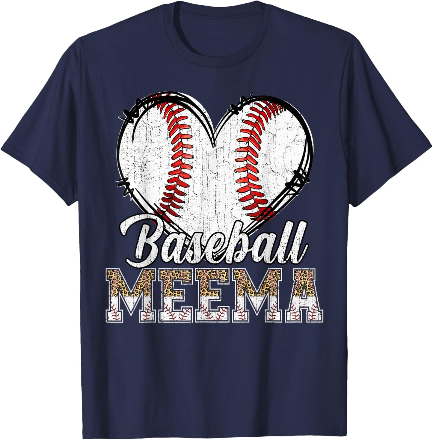 Softball Baseball Meema Heart Leopard Print Mother's Day T-Shirt - T-Shirt | Navy