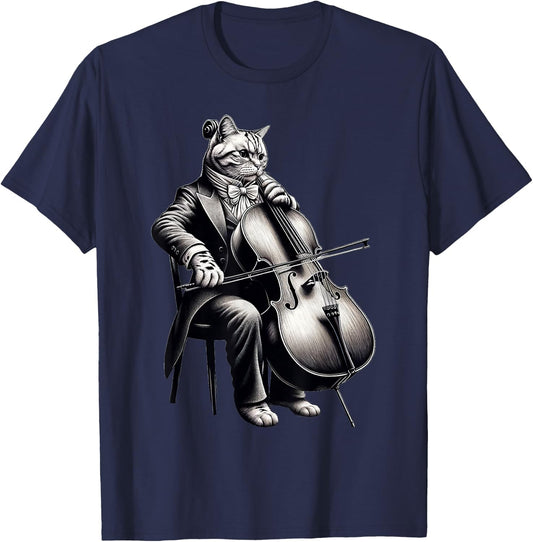 Cute Cat Playing Cello Musician Music T-Shirt - T-Shirt | Navy