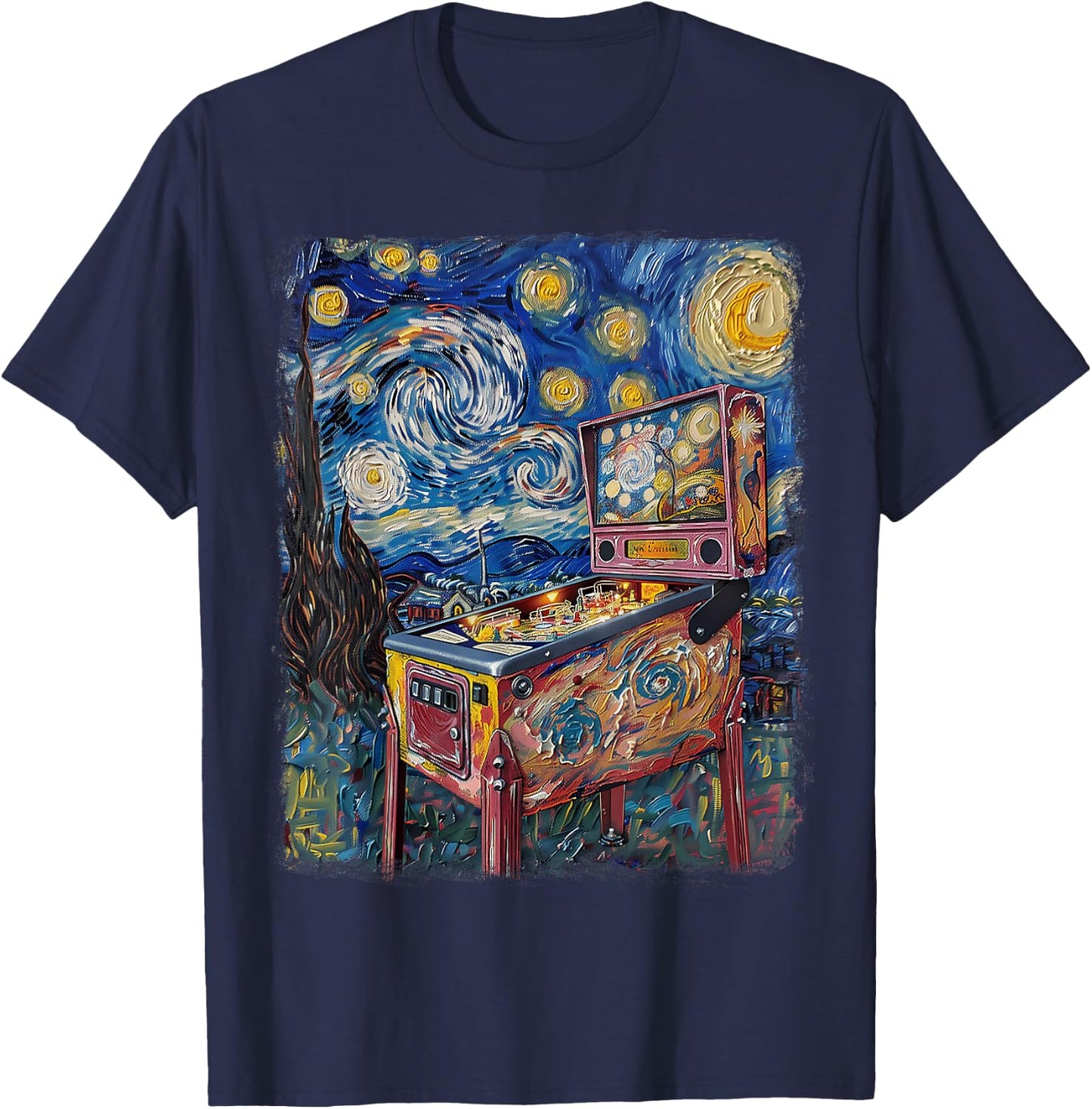 Pinball Arcade Game Machine Starry Night Painting T-Shirt - T-Shirt | Navy