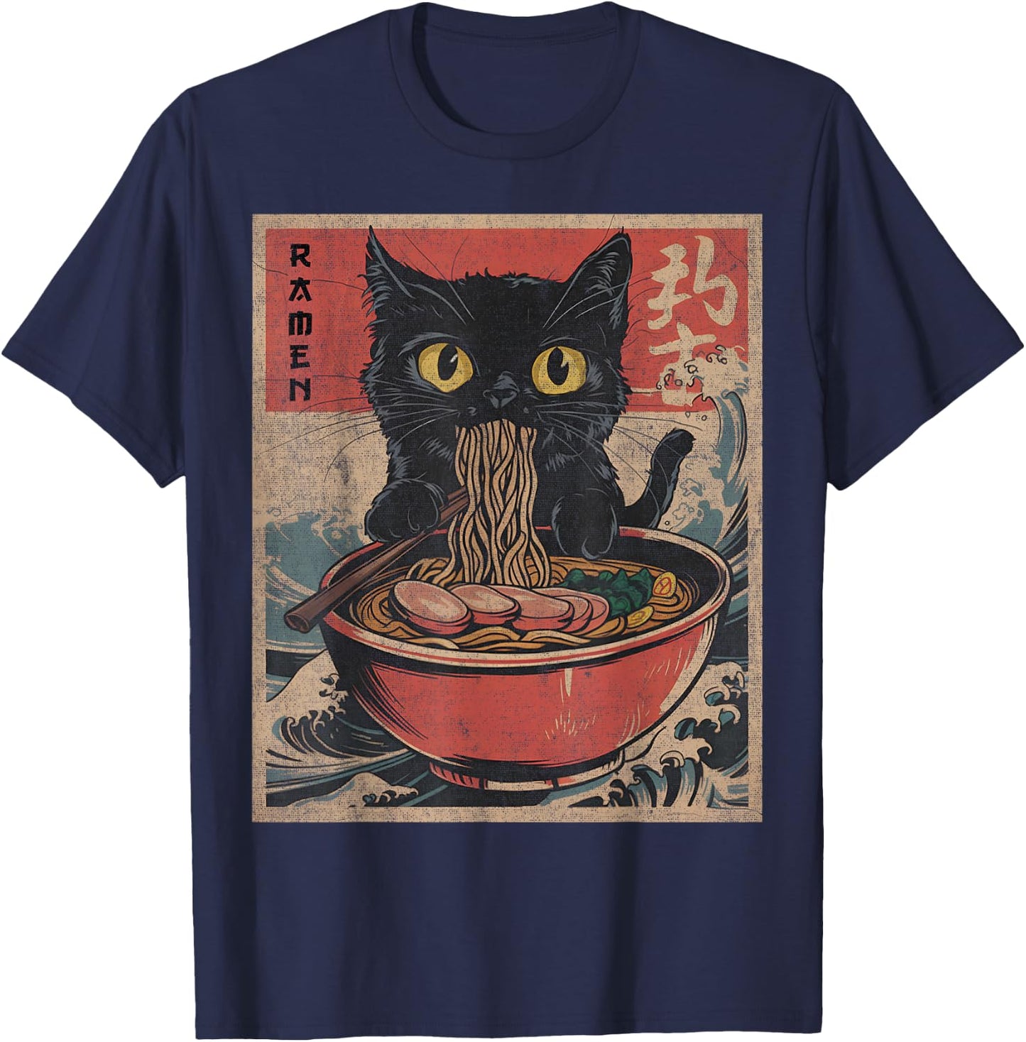 cat eating ramen shirt Japanese Funny Graphic Kawaii Noodles T-Shirt - T-Shirt | Navy