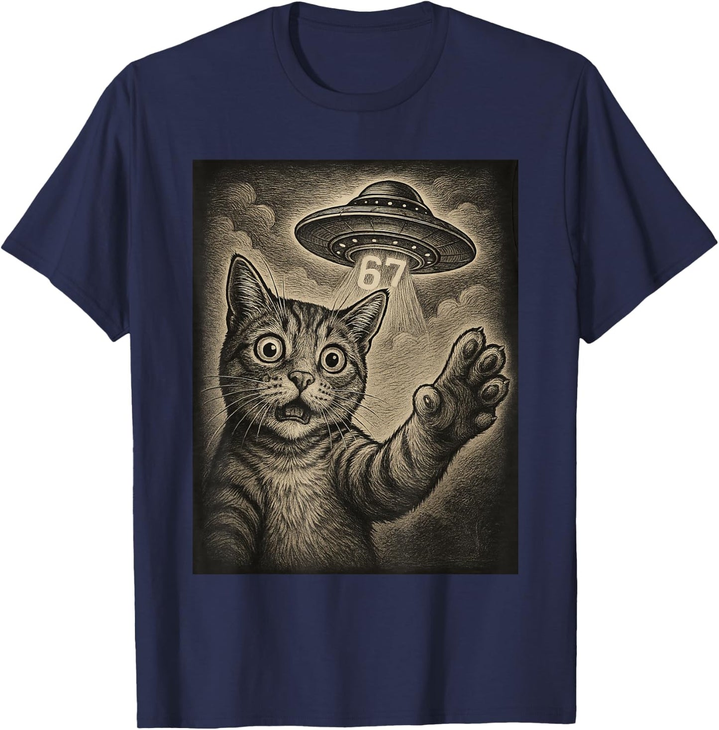 Cat Selfie 67 Meme Six Seven Funny UFO T-Shirt - T-Shirt | Navy