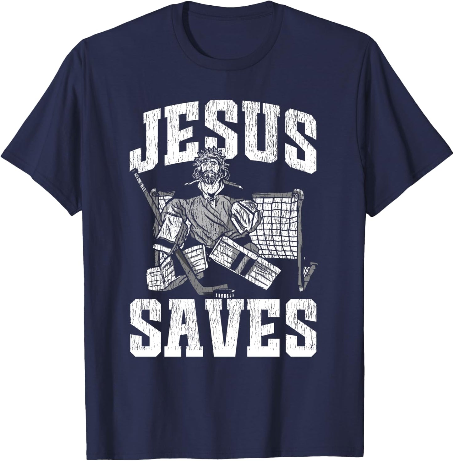 Ice Hockey Goalie Vintage Goalkeeper Jesus Jesus Saves T-Shirt - T-Shirt | Navy