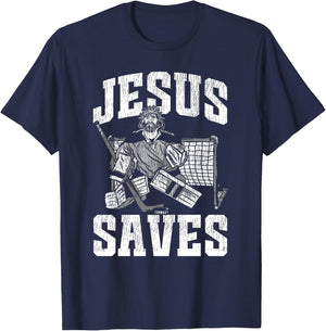 Ice Hockey Goalie Vintage Goalkeeper Jesus Jesus Saves T-Shirt - T-Shirt | Navy