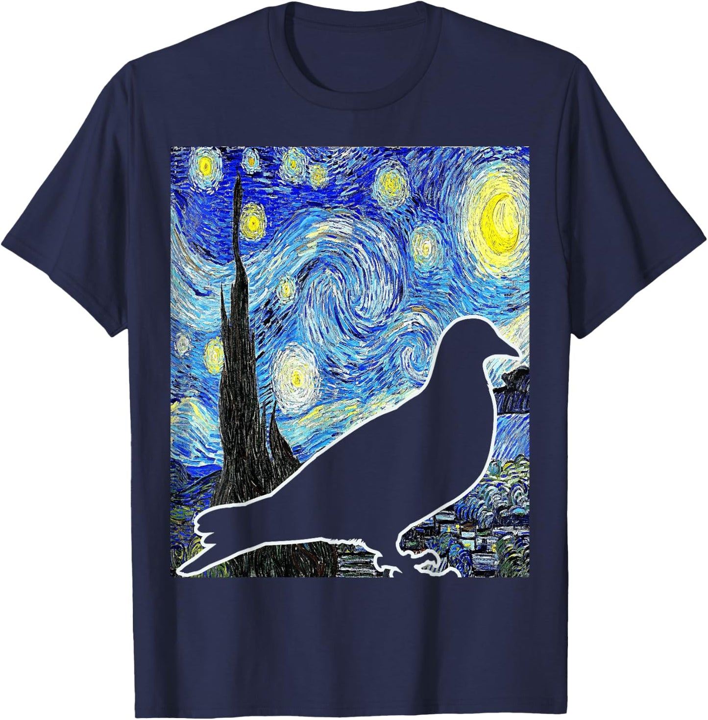 Pigeon Starry Night Van Gogh Birdwatching Ornithology T-Shirt - T-Shirt | Navy