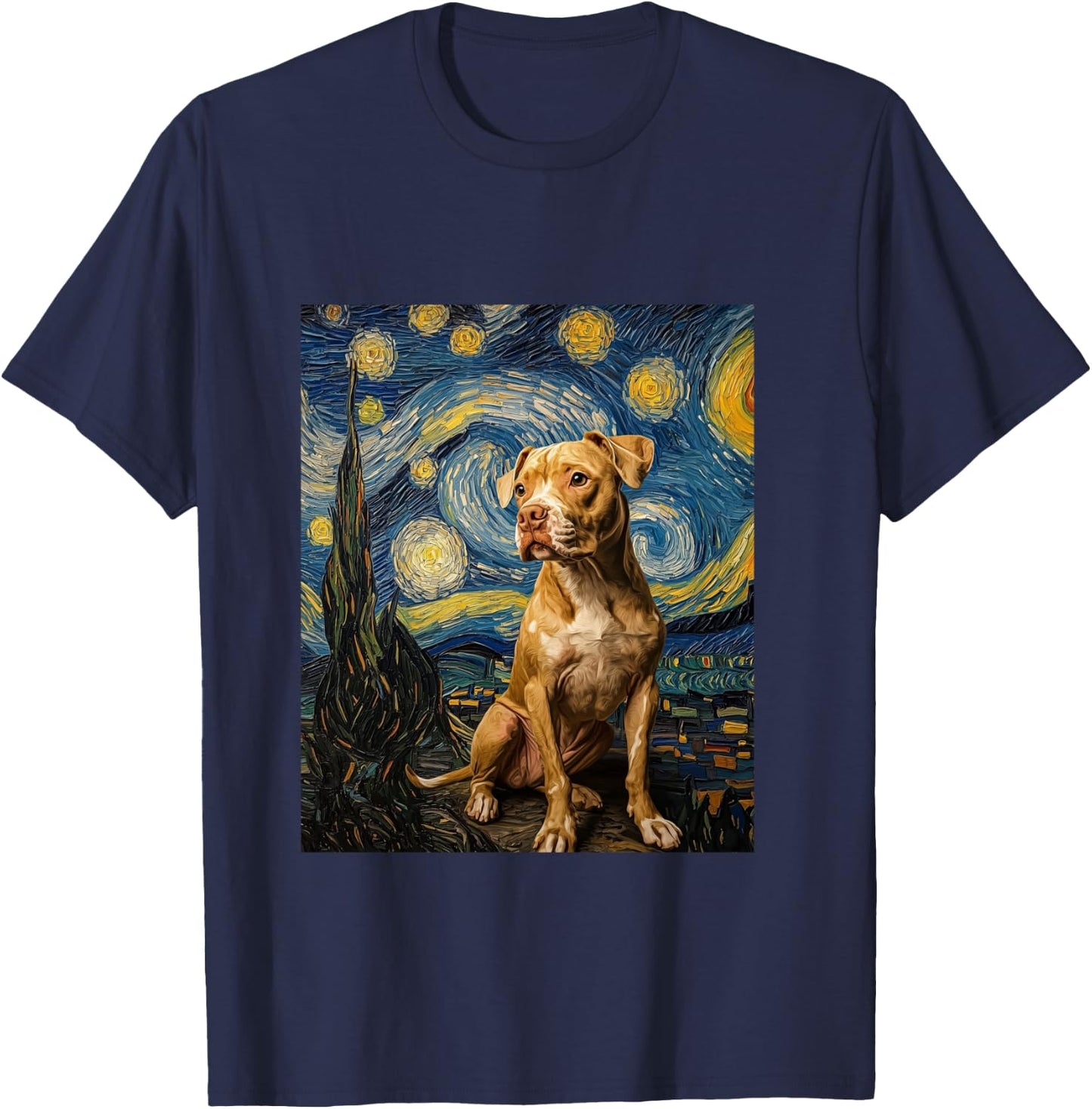 Pitbull Dog Pittie Van Gogh Style Starry Night Graphic T-Shirt - T-Shirt | Navy