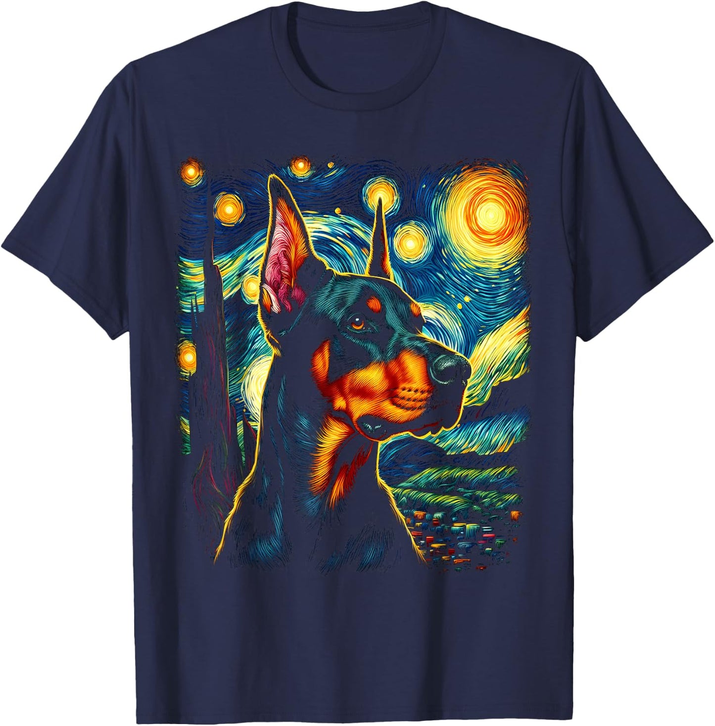 Doberman Pinscher Starry Night Van Gogh Inspired Art T-Shirt - T-Shirt | Navy