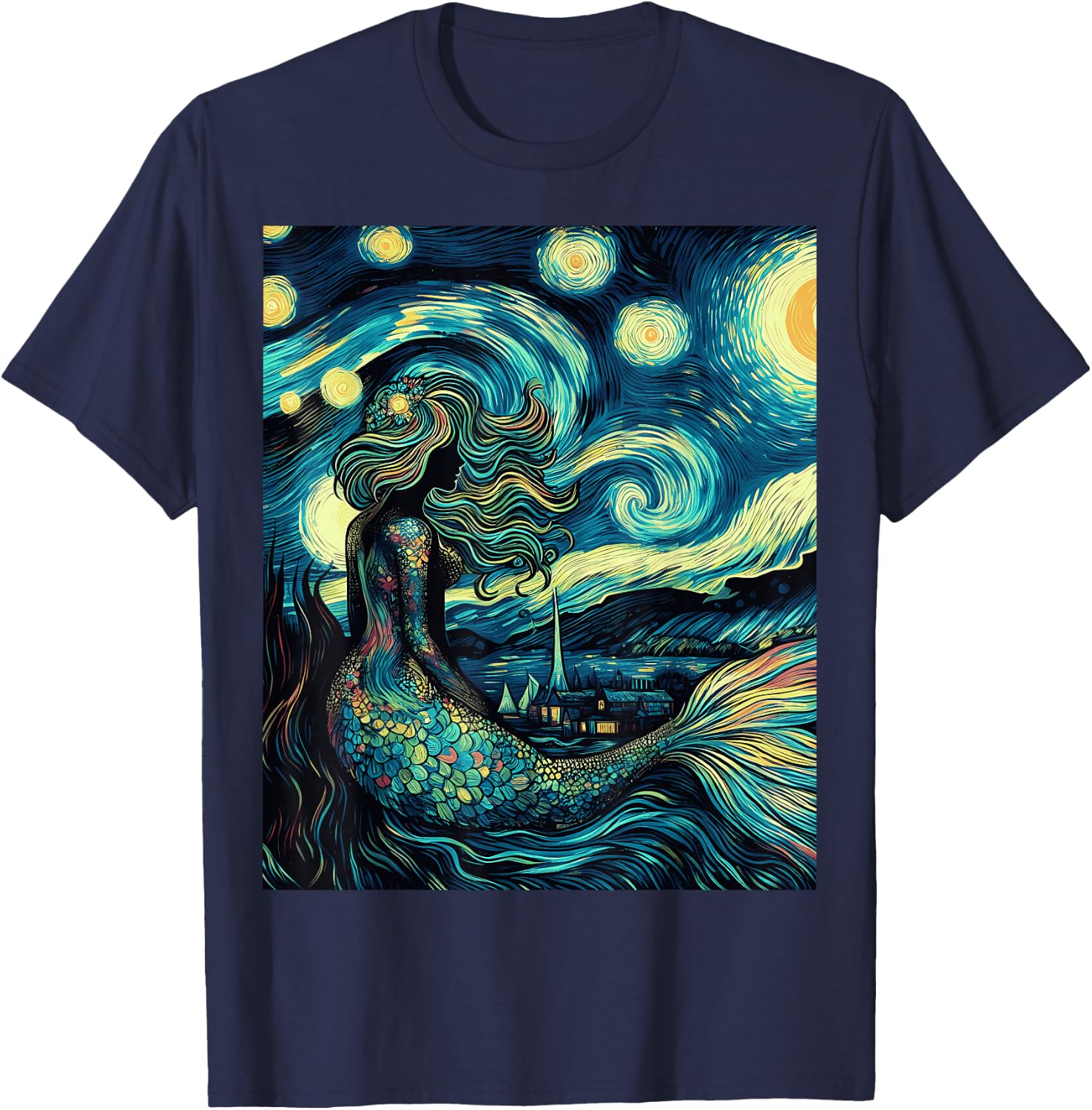 Mermaid Under Starry Night Sky Art Graphic Christmas T-Shirt - T-Shirt | Navy