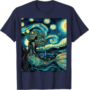 Mermaid Under Starry Night Sky Art Graphic Christmas T-Shirt - T-Shirt | Navy