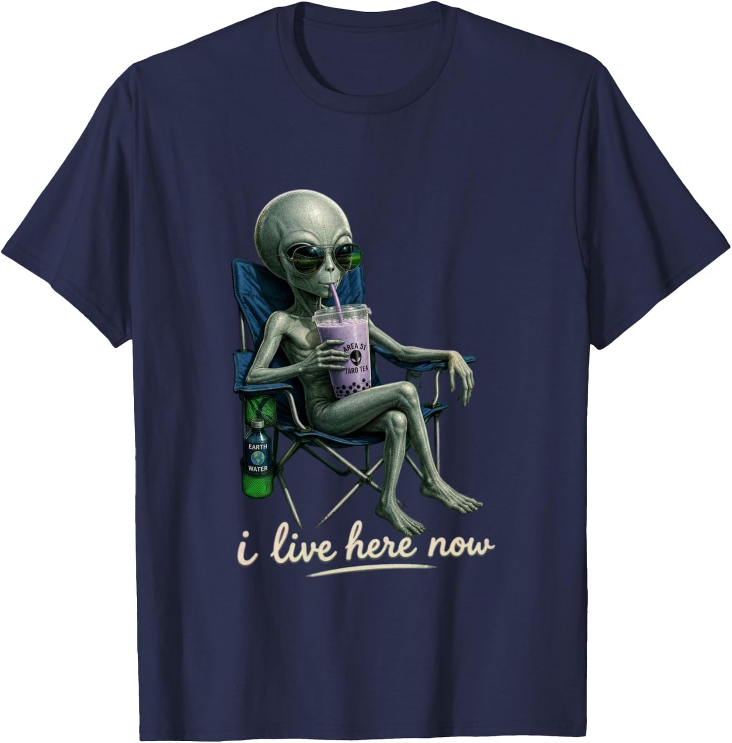 Design Amusant avec Inscription « I Live Here » - Motif Extraterrestre - Violet Manche Longue T-Shirt - T-Shirt | Navy