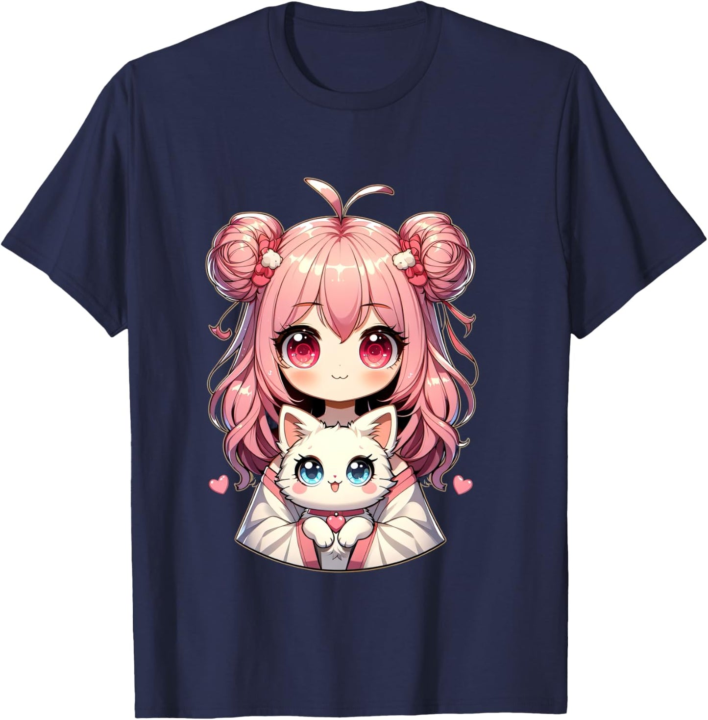 Anime cute cat lovers kawaii manga otaku anime girl pink T-Shirt - T-Shirt | Navy