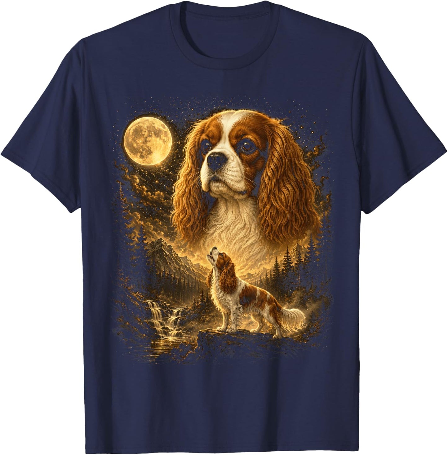 Cavalier King Charles Spaniel Howling to The Moon T-Shirt - T-Shirt | Navy