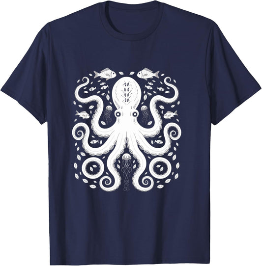 Vintage Octopus Retro Graphic Octopuses Women Men Fisherman T-Shirt - T-Shirt | Navy