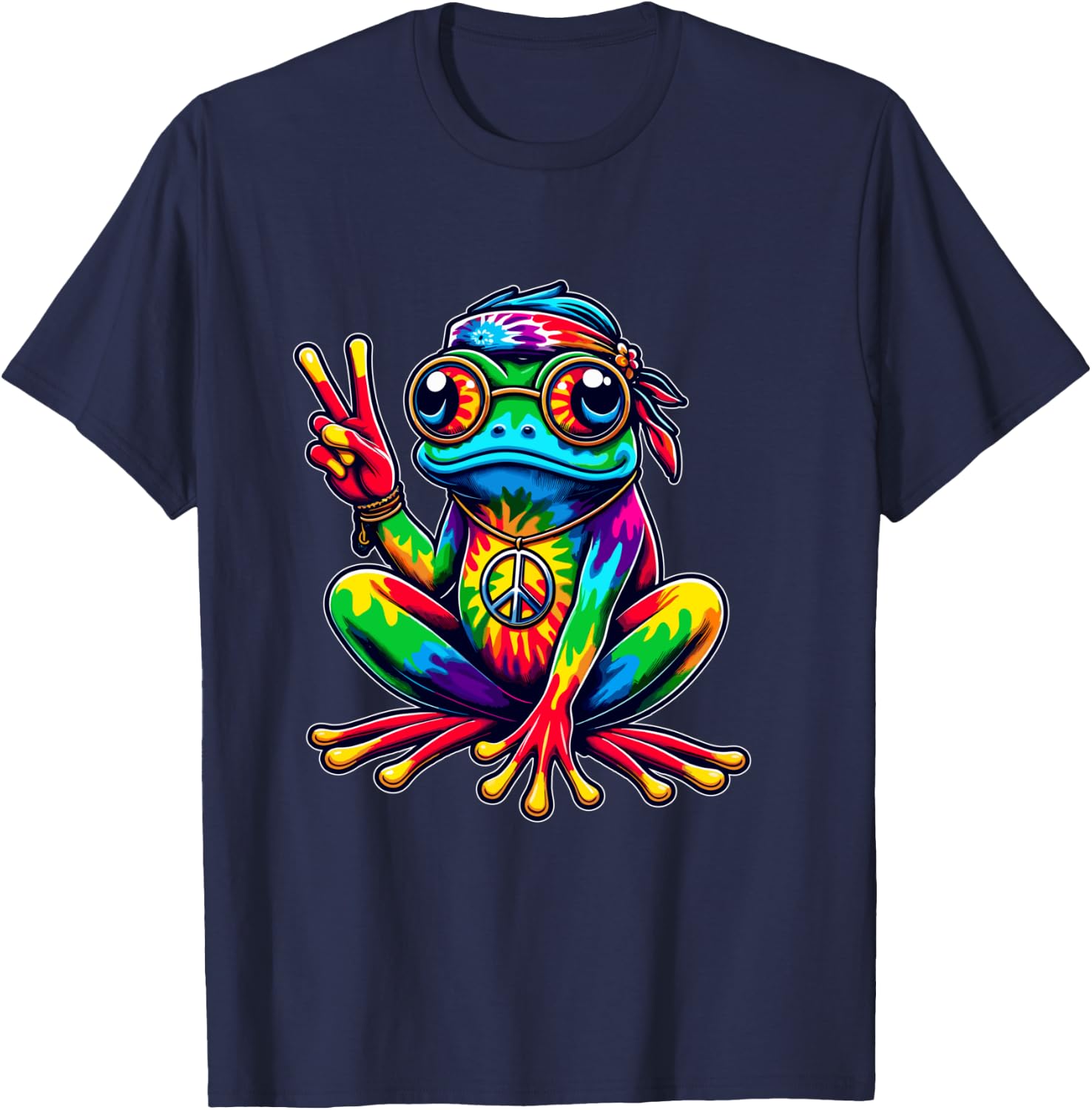 Hippie Tie-Dye Frog, 60s Party & 70s Costume, Peace Sign Shirt, black T-Shirt - T-Shirt | Navy