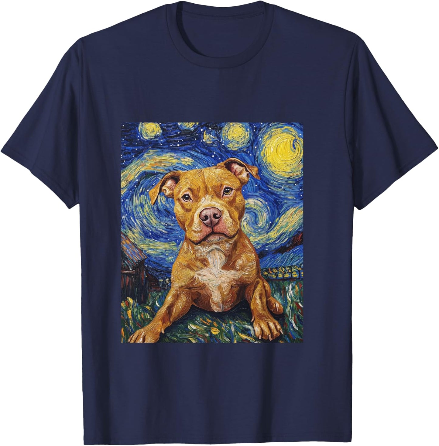 Pitbull Dog Pittie Van Gogh Style Starry Night Graphic T-Shirt - T-Shirt | Navy