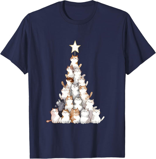 Arbre à Chat Amusant pour Hommes, Femmes, Enfants, Chat Moche de Noël Manche Longue T-Shirt - T-Shirt | Navy