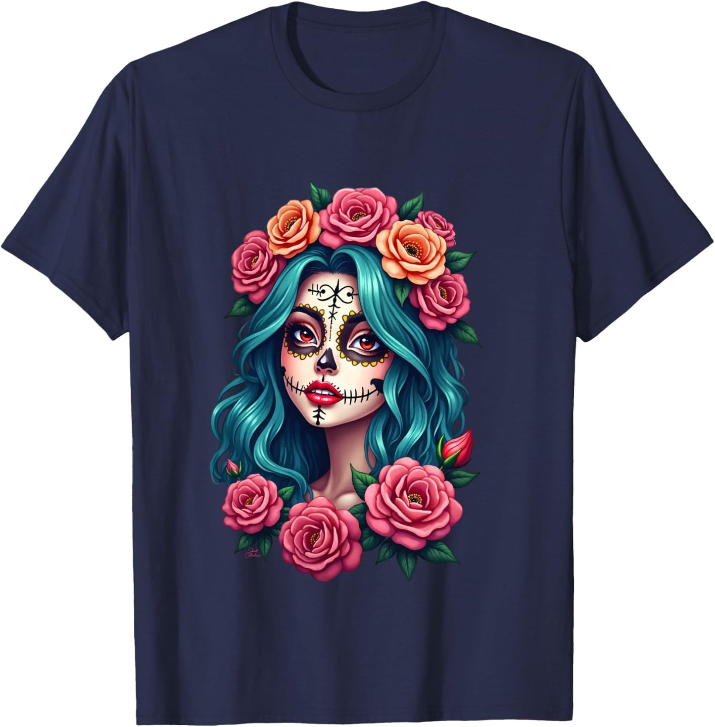 Dia de los Muertos head Mexican woman Mexico sugar skull , Black, S T-Shirt - T-Shirt | Navy