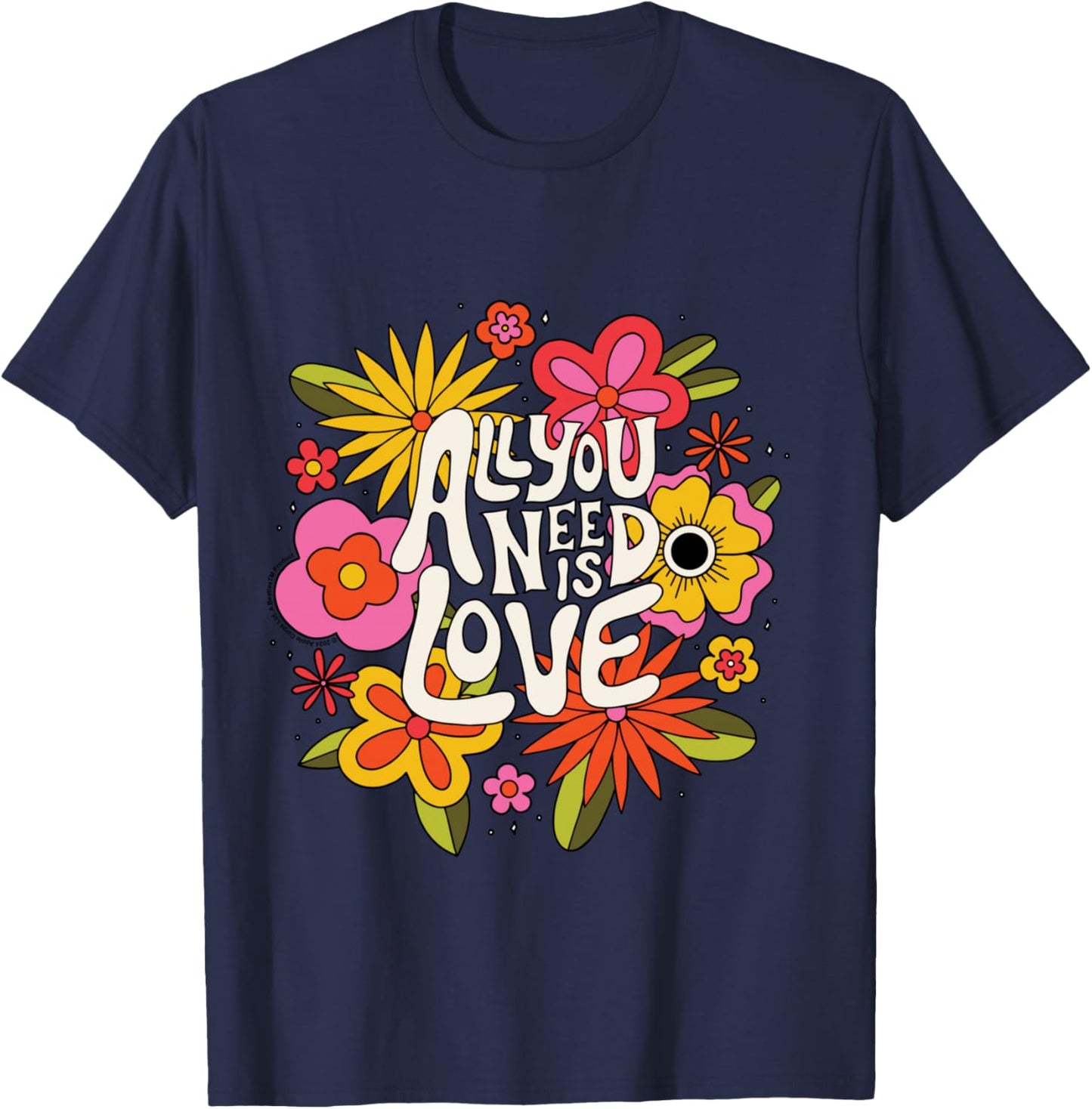 The Beatles - All You Need Is Love Retro Flowers , Black T-Shirt - T-Shirt | Navy