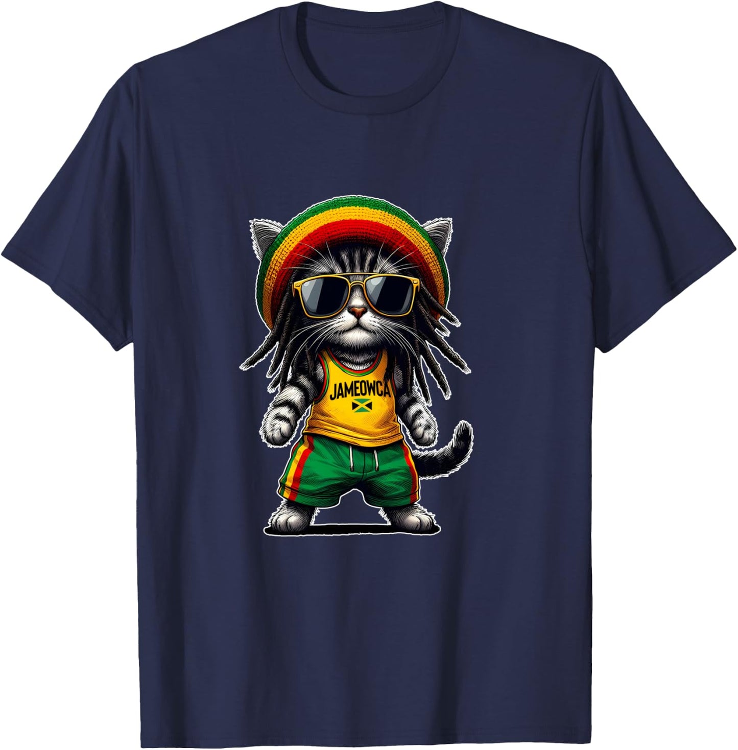 JAMEOWCA Cool & Funny Jamaican Rasta Reggae Cat T-Shirt - T-Shirt | Navy