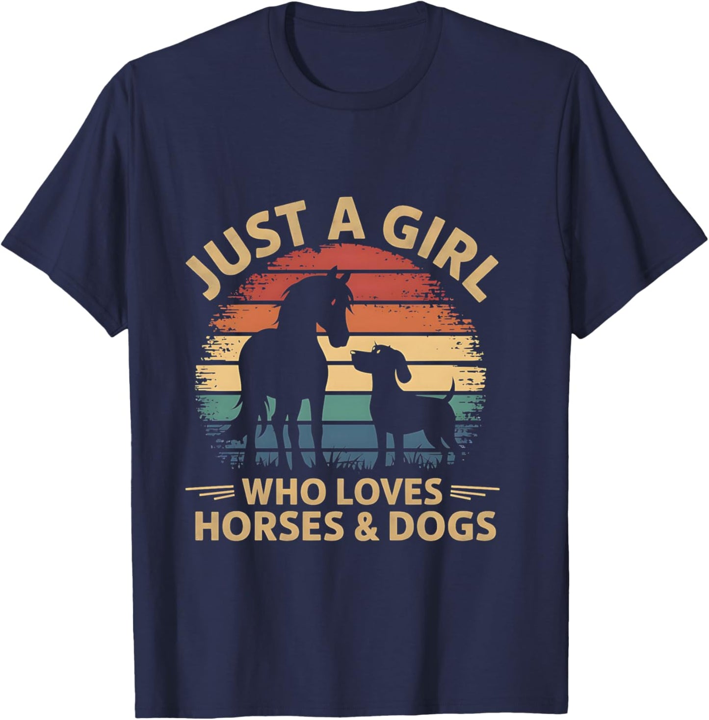 Just a Girl Who Loves Horses and Dogs Coucher de Soleil rétro Manche Longue T-Shirt - T-Shirt | Navy