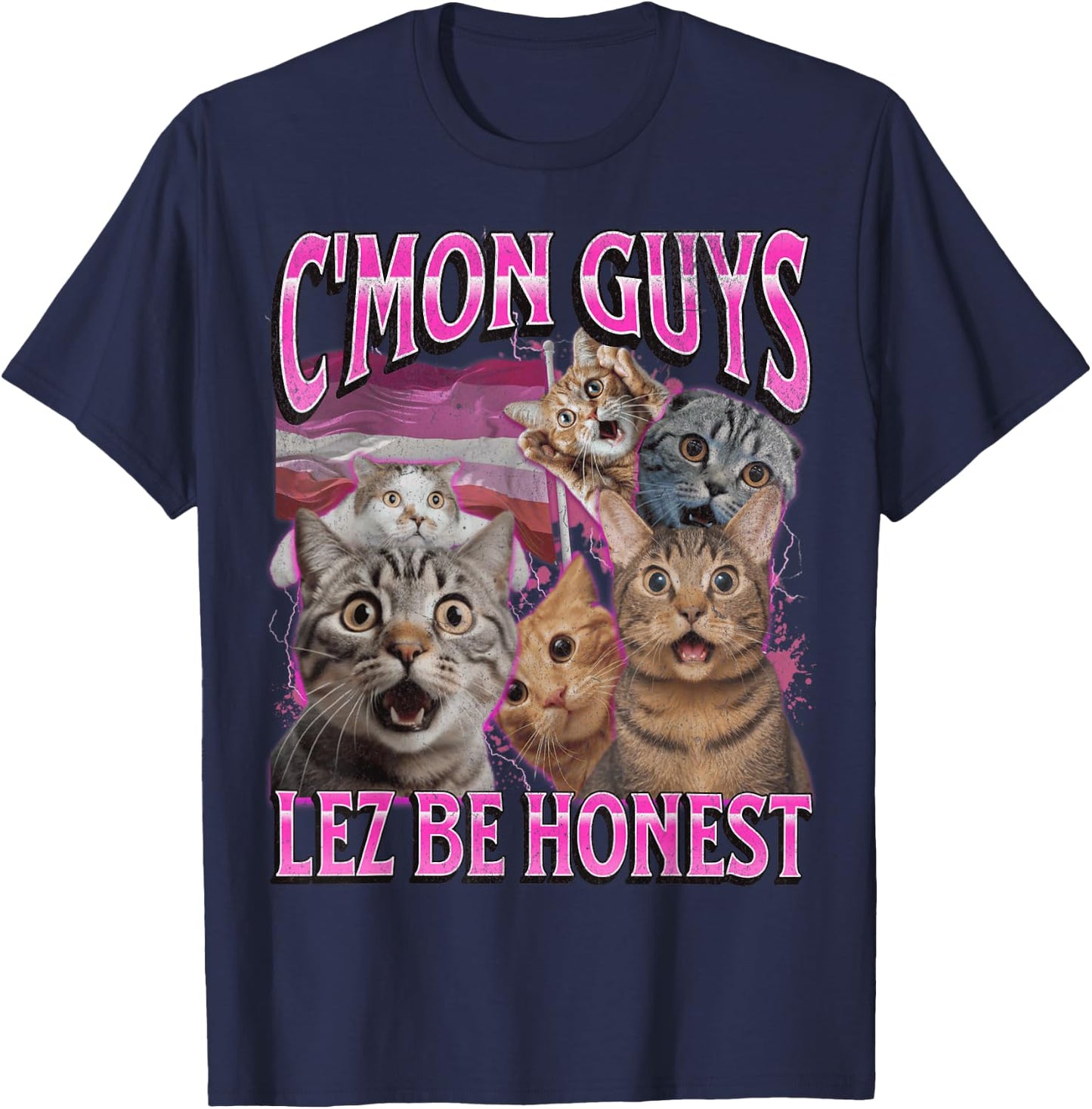 Lez Be Honest Funny Lesbian Cat Gay Pride LGBTQ Pun Bootleg T-Shirt - T-Shirt | Navy