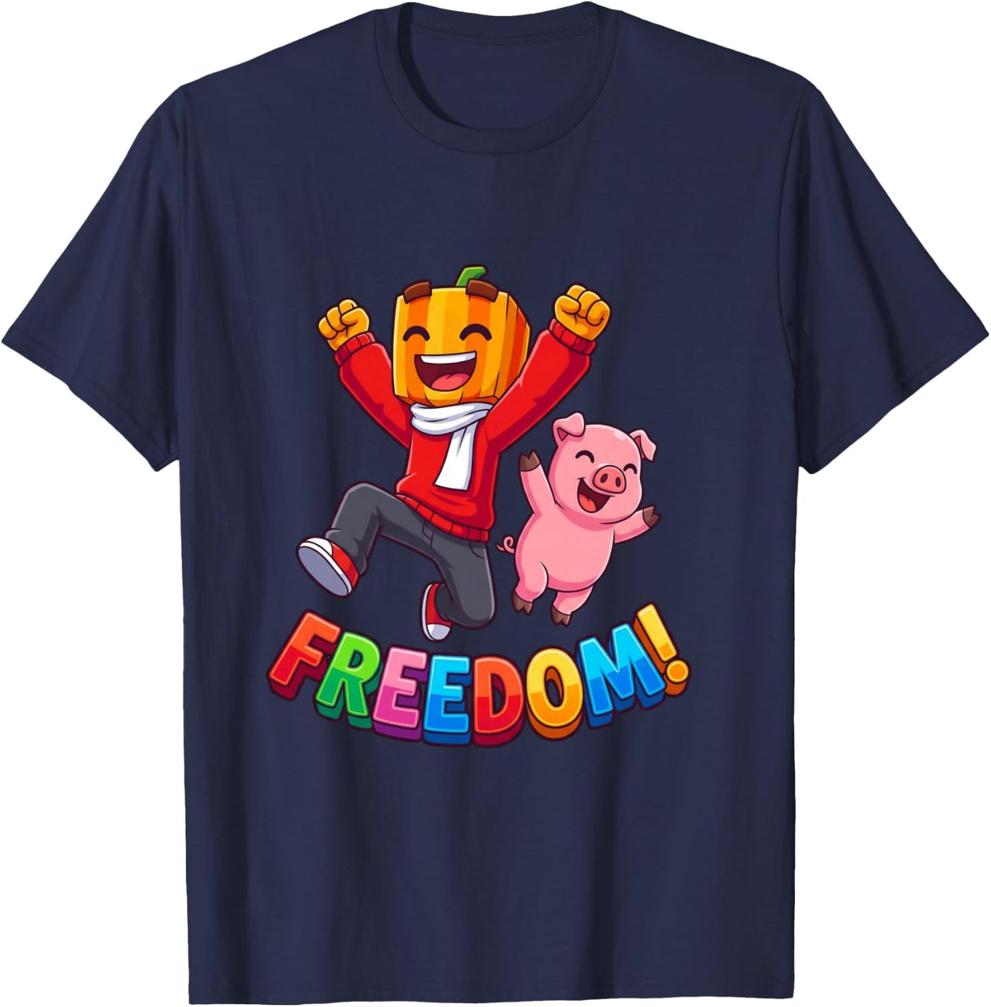 Freedom Kürbis Junge Rosa Schwein Kawaii Cartoon Langarmshirt T-Shirt - T-Shirt | Navy