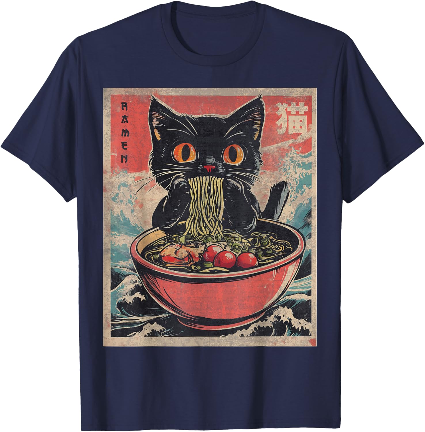 Anime Shirt Women Kids Cat Ramen Noodles Anime Cat Ramen Japanese Funny Graphic Kawaii Cat Anime Gifts Black XS T-Shirt - T-Shirt | Navy