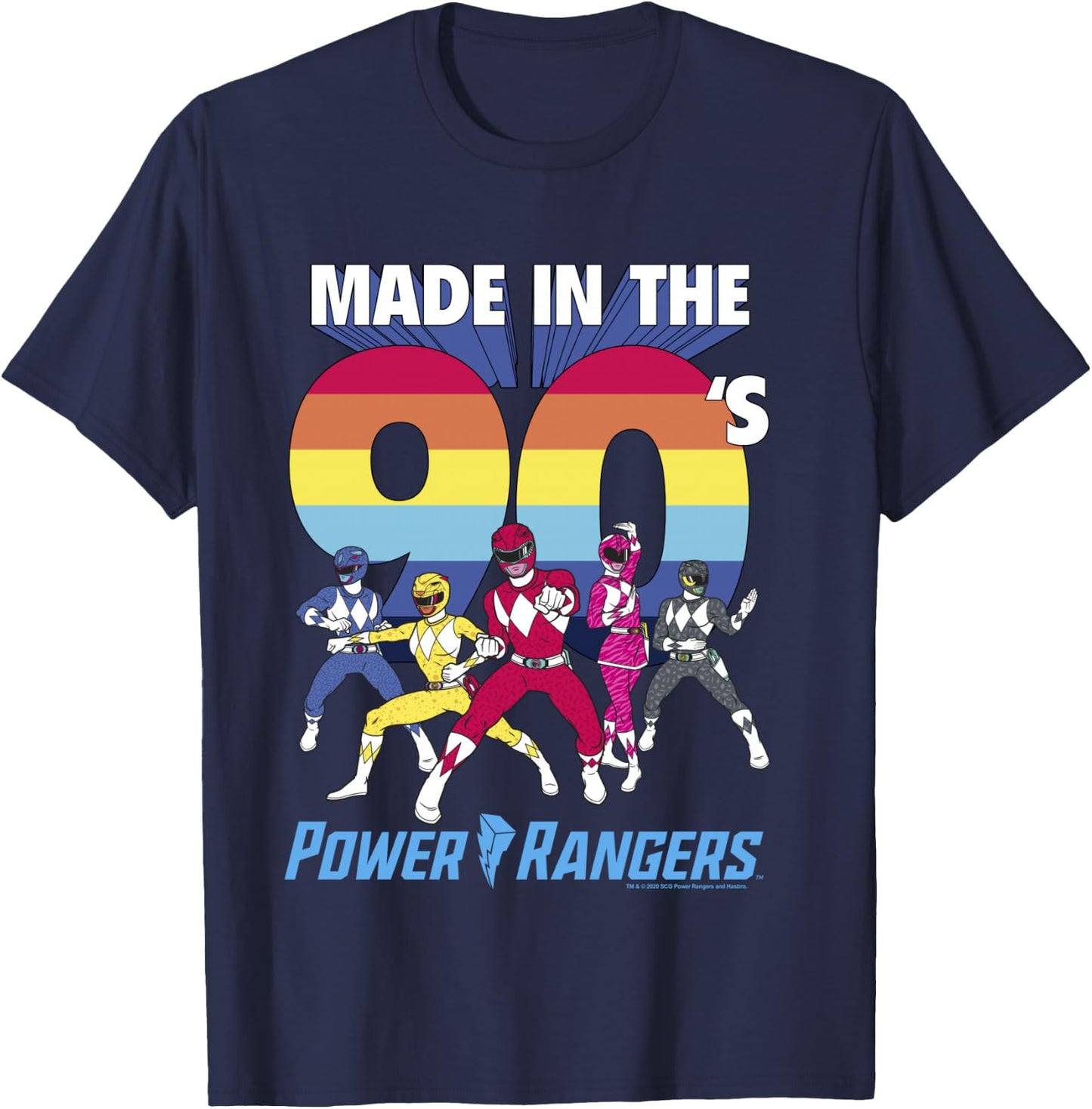 Power Rangers Made In The 90's Retro Rainbow Stripe Logo T-Shirt - T-Shirt | Navy