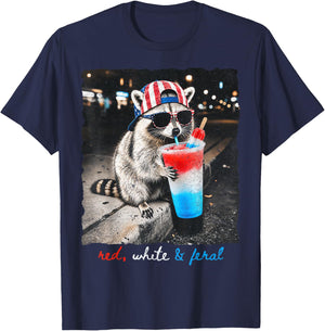 Red White & Feral Funny Raccoon Slushie Popsicle 4th July T-Shirt - T-Shirt | Navy