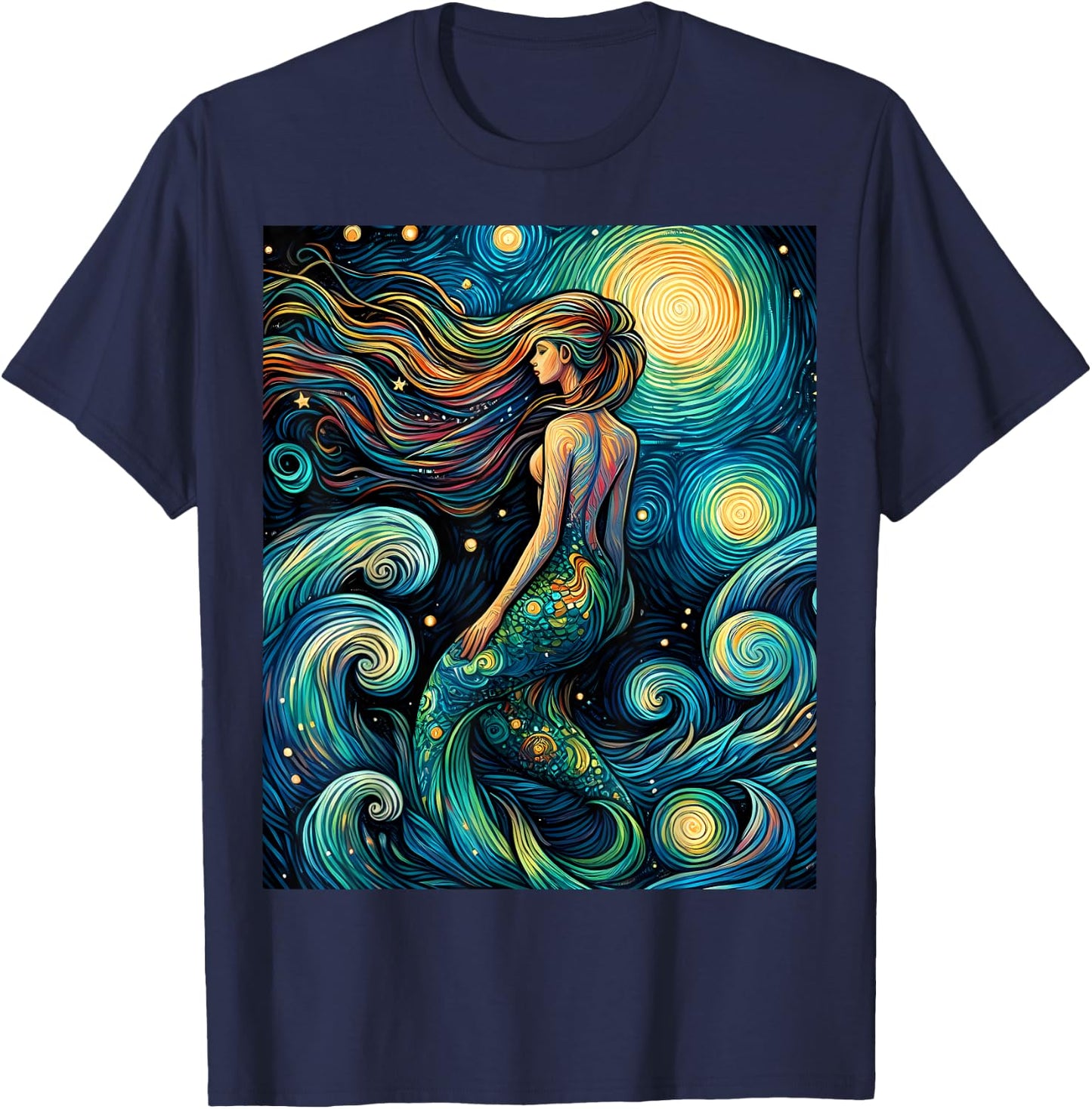 Mermaid Under Starry Night Sky Art Graphic Christmas T-Shirt - T-Shirt | Navy
