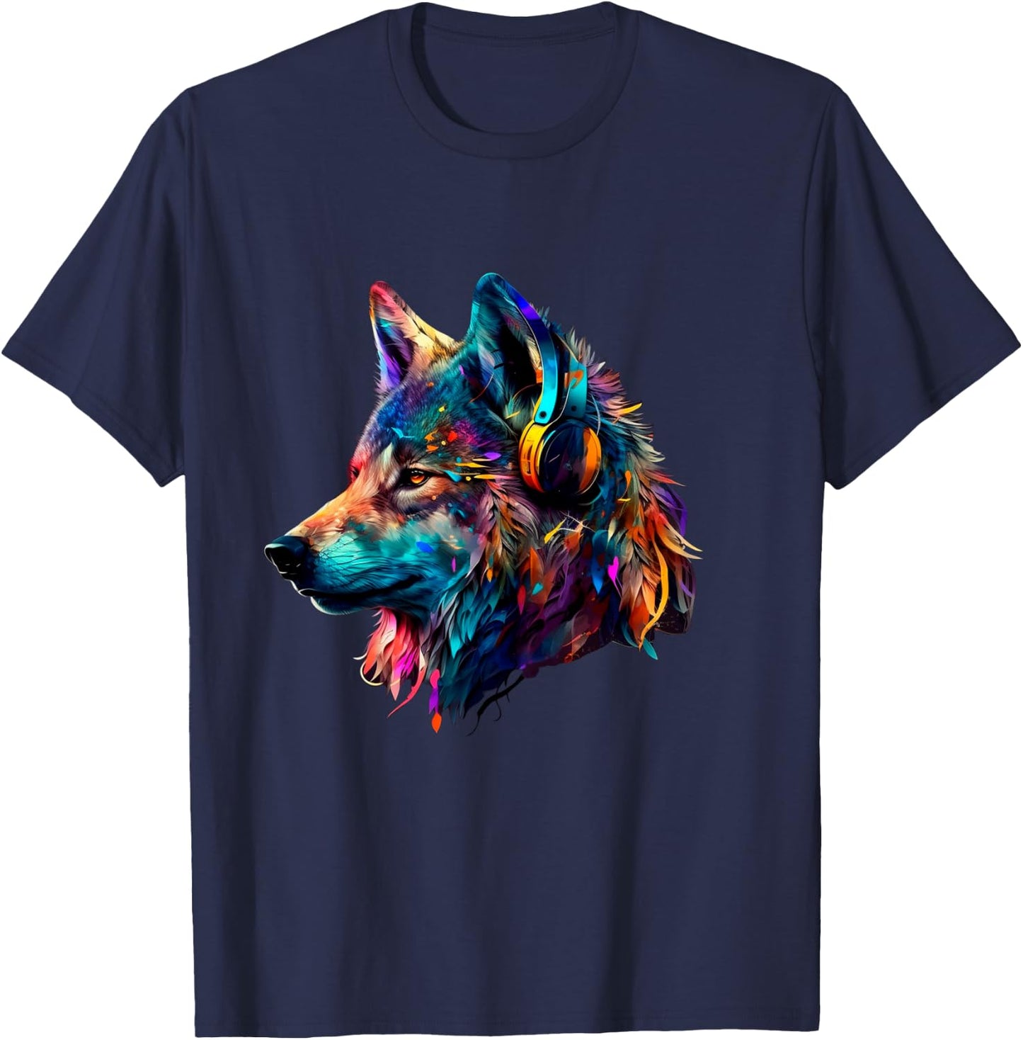 Bunter Wolf mit Kopfhörern, Musikgrafik, Herren, Damen, Kinder Langarmshirt T-Shirt - T-Shirt | Navy