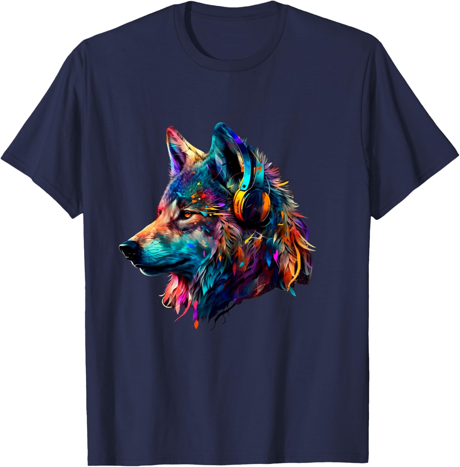 Bunter Wolf mit Kopfhörern, Musikgrafik, Herren, Damen, Kinder Langarmshirt T-Shirt - T-Shirt | Navy
