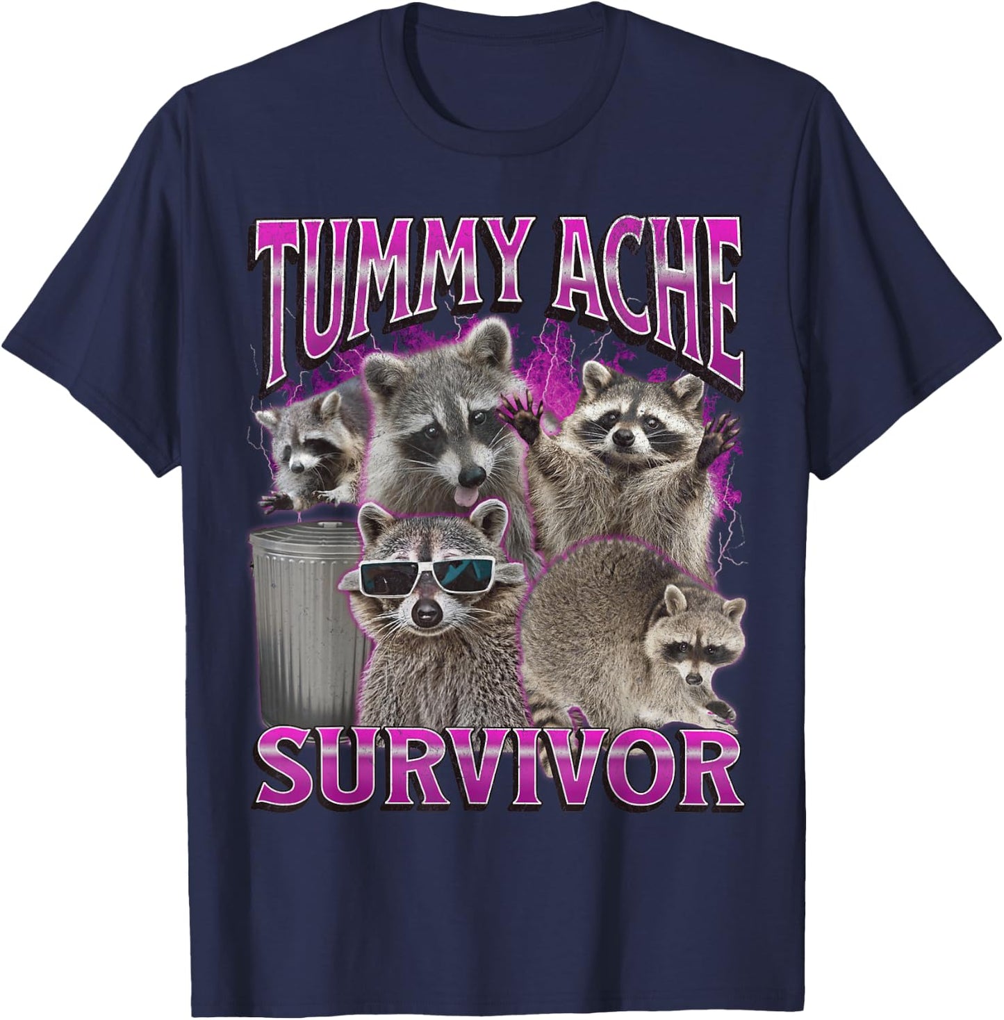 Tummy Ache Survivor Funny Raccoon Meme Bootleg Graphic 90s , black T-Shirt - T-Shirt | Navy