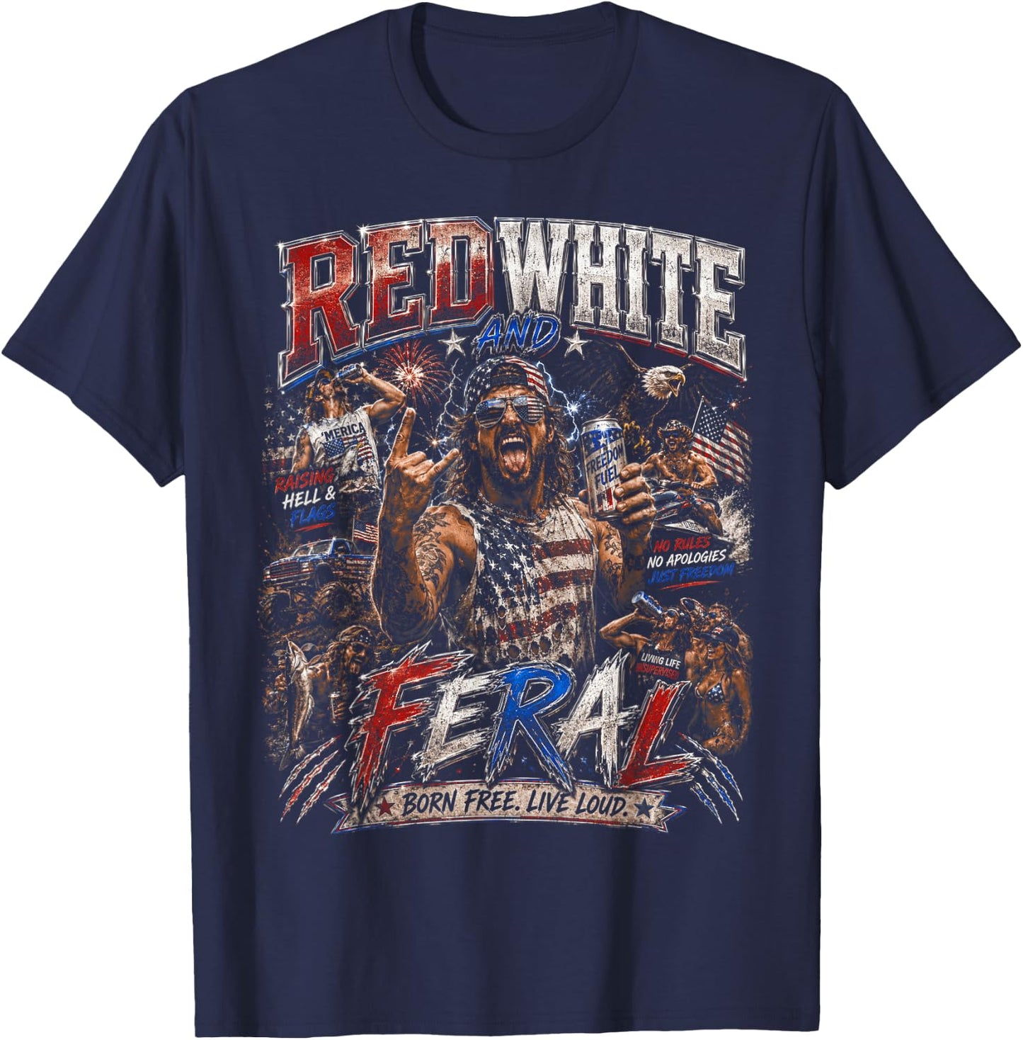 Red White and Feral Freedom US Flag American Bootleg T-Shirt - T-Shirt | Navy