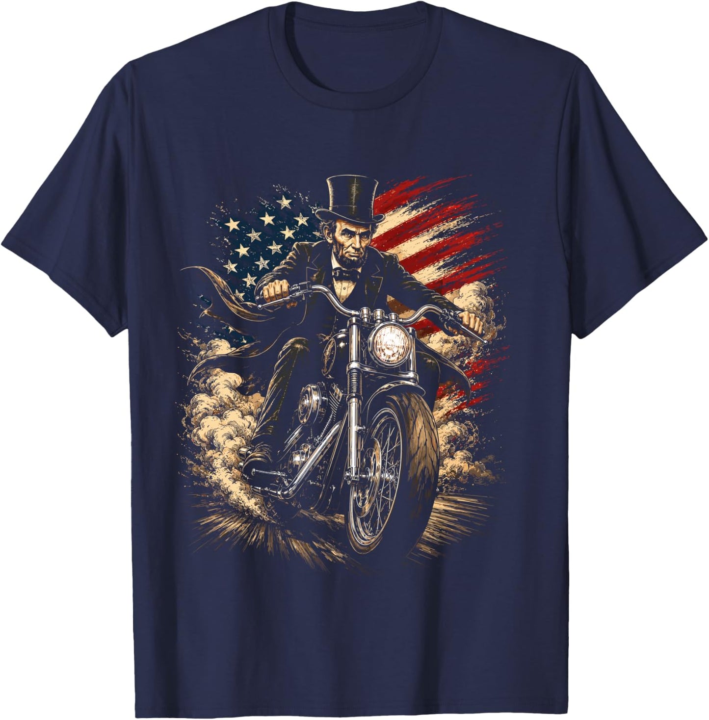 President Abraham Abe Lincoln Riding a Motorcycle Design T-Shirt - T-Shirt | Navy