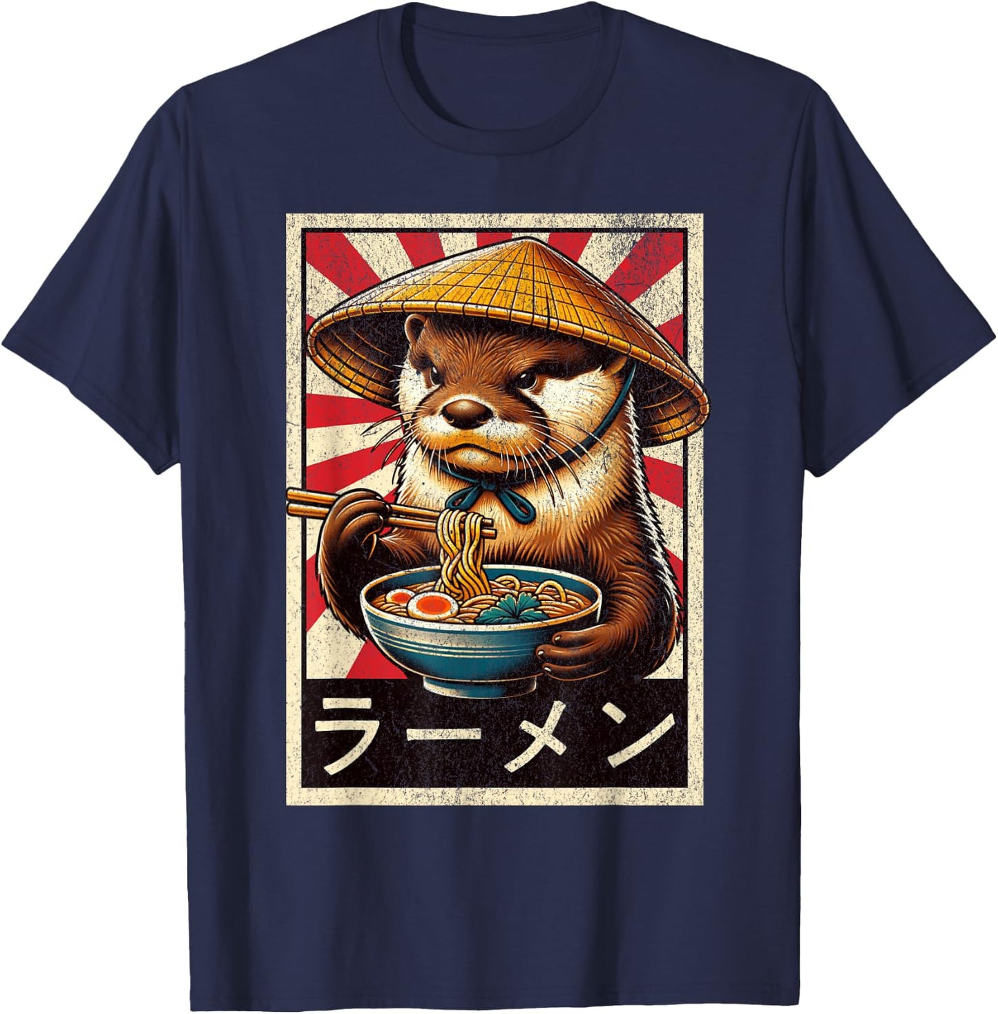 Vintage Otter Eating Ramen. Funny Anime Otter Ramen Lover T-Shirt - T-Shirt | Navy