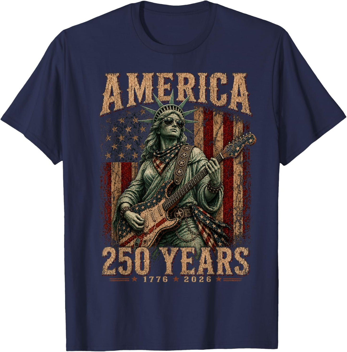 Statue Liberty Playing Guitar 4th July 250th Anniversary T-Shirt - T-Shirt | Navy