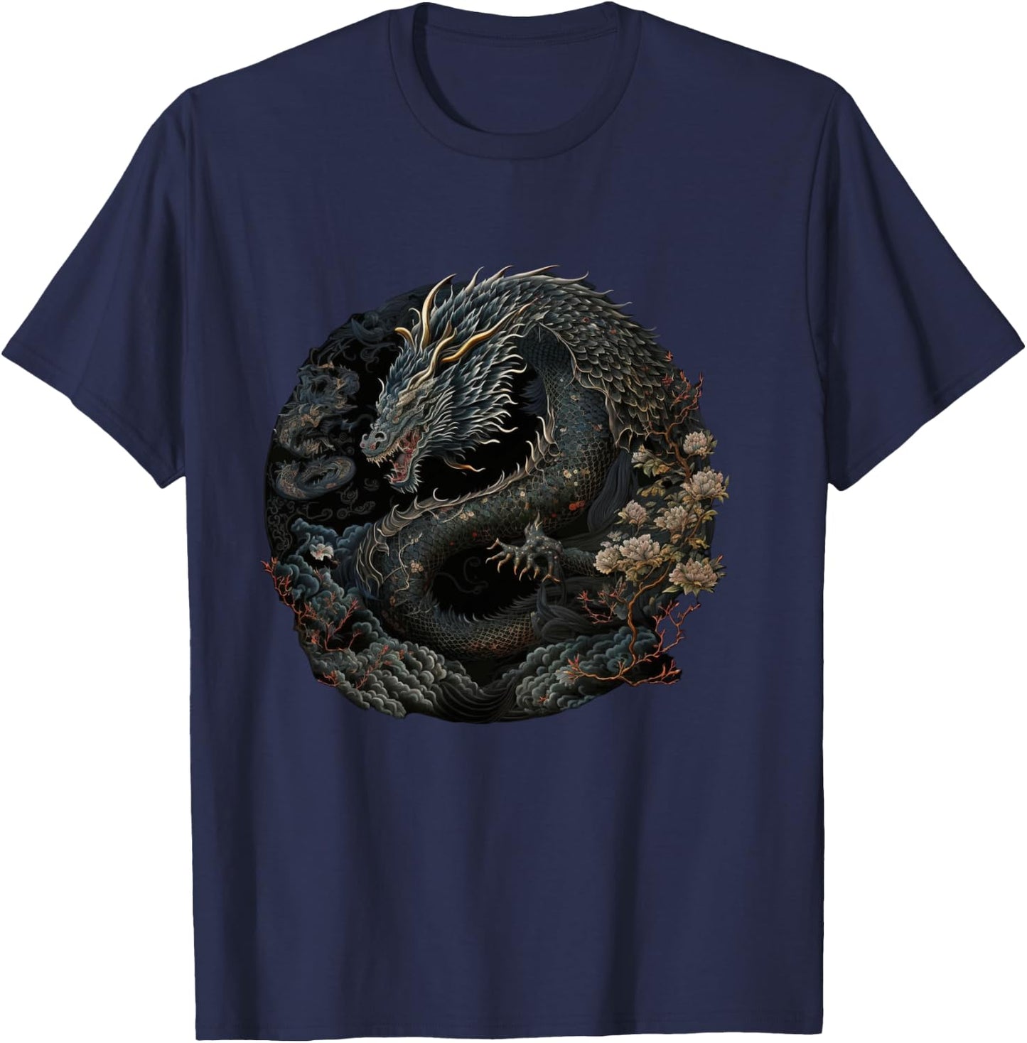 Japanese Art Dragon Japan Chinese Asian Graphic Print T-Shirt - T-Shirt | Navy