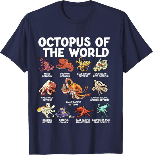 Octopus Of The World Kawaii Types Of Octopus Sea Animal T-Shirt - T-Shirt | Navy