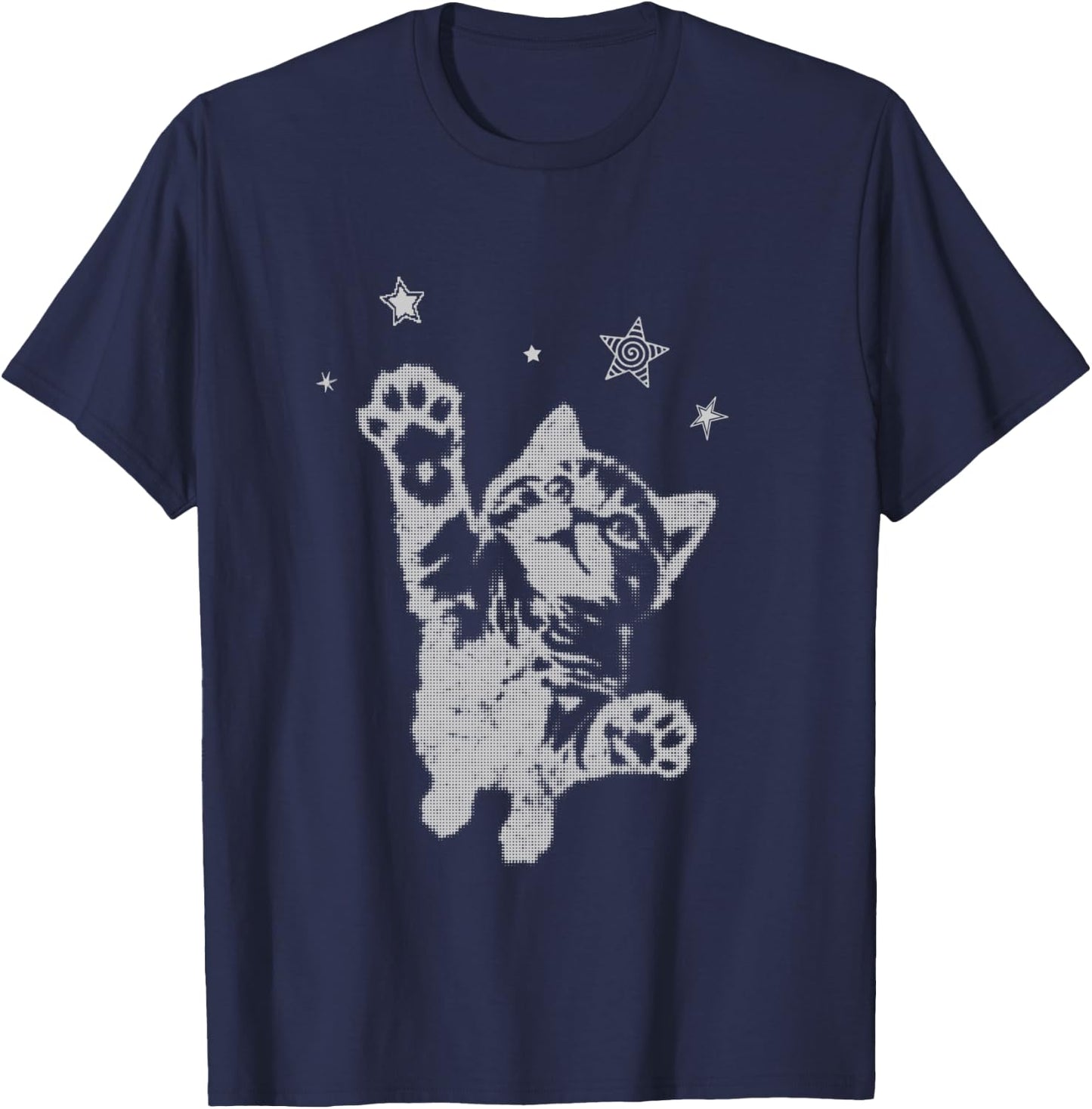 Y2K Cat Jumping Stars Silly 90s 2000s Grunge Vintage Graphic T-Shirt - T-Shirt | Navy