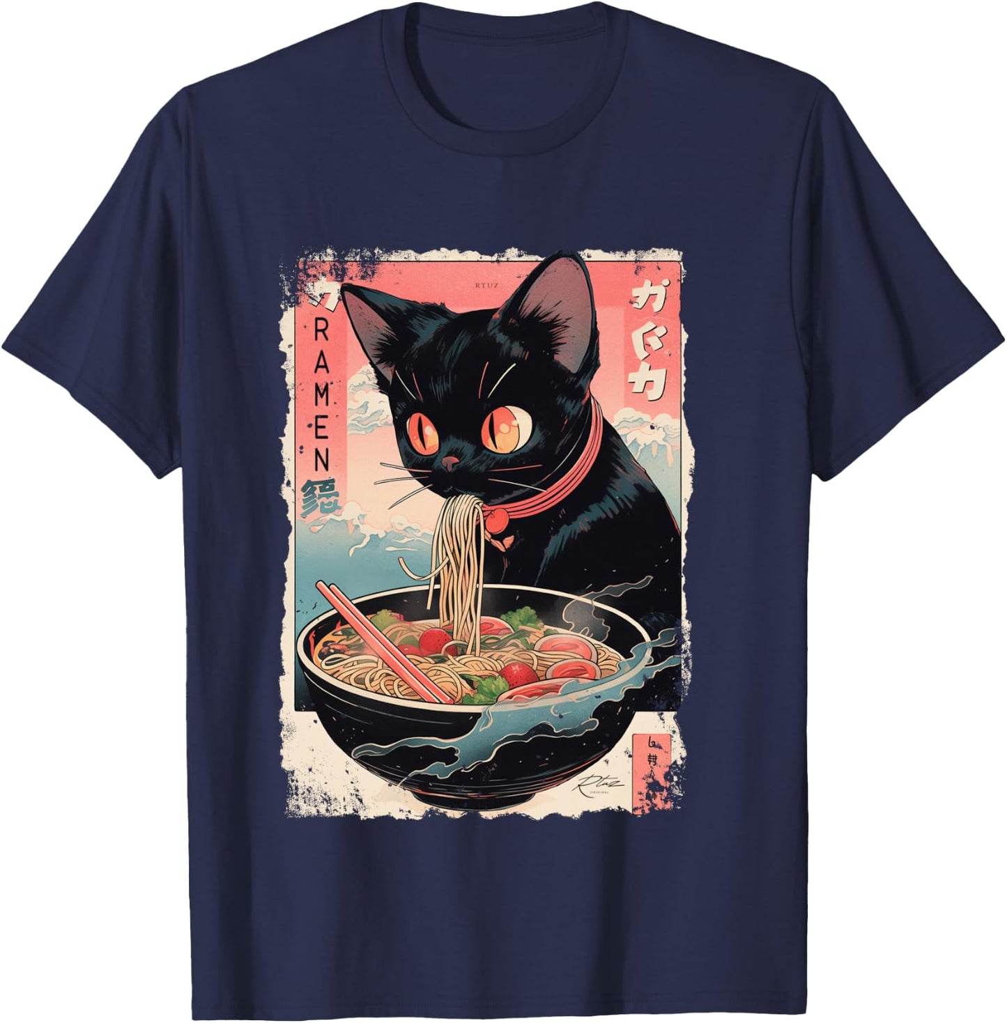 Cat Ramen Noodle Japanese Anime Manga Ramen Kawaii Cat Shirt, black T-Shirt - T-Shirt | Navy