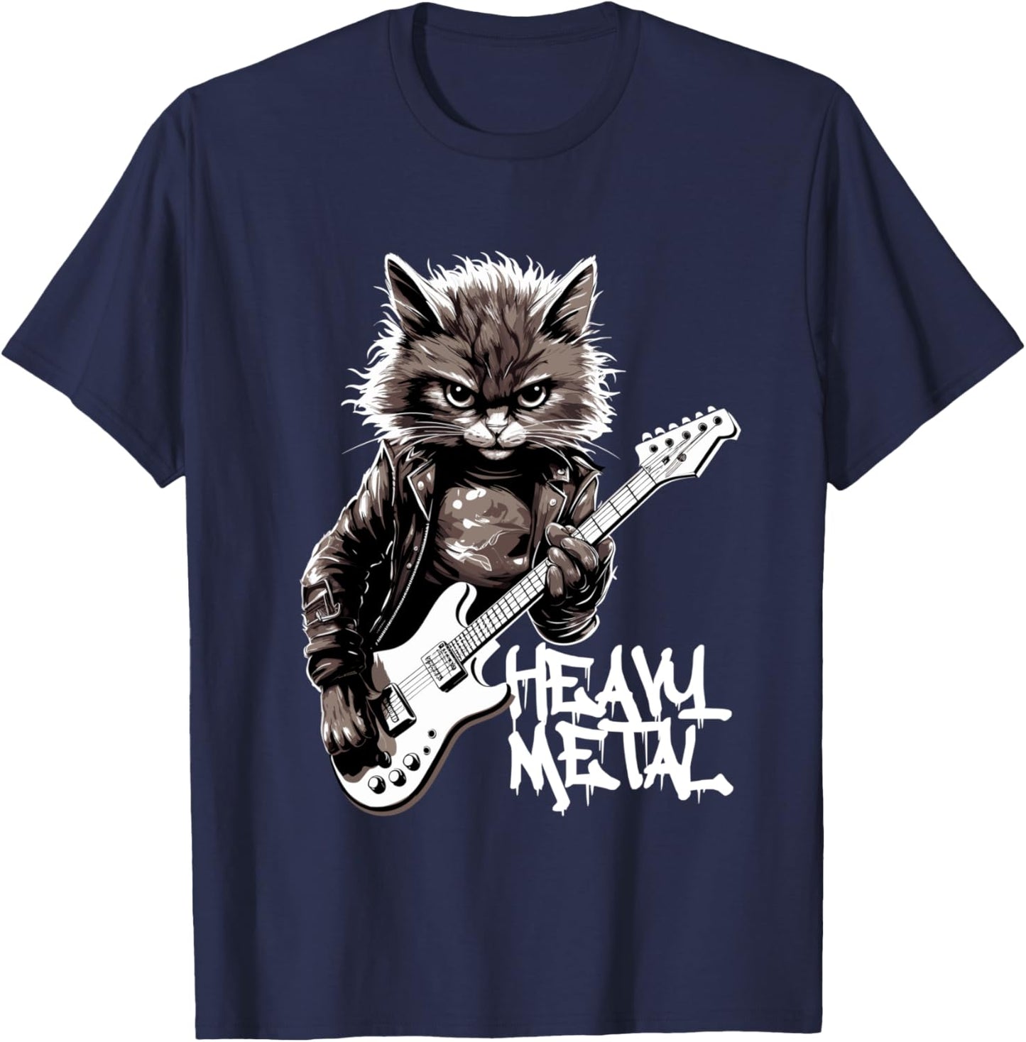 Cat Playing Guitar Heavy Metal Rock Cat Funny Guitarist Long Handle T-Shirt - T-Shirt | Navy