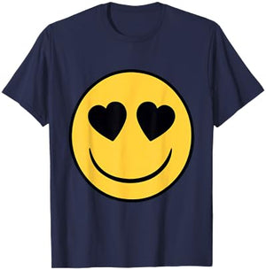 Emoji Official Retro Eyes Heart Shaped Yellow Smiling Face T-Shirt - T-Shirt | Navy