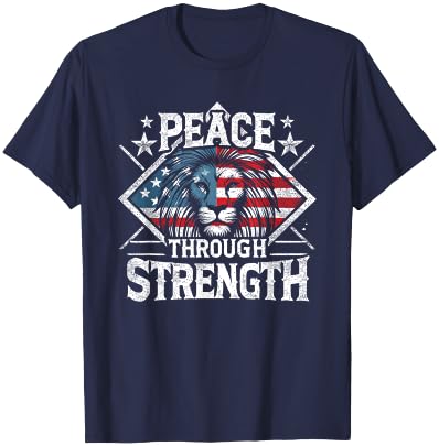 CharlIan Minds - USA Flag Peace Through Strength Lion Patriot -Adults Black Short Sleeve Modern Novelty Graphic T-Shirt - T-Shirt | Navy