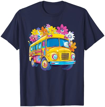 Retro Flower Power Bus With Colorful Blooms T-Shirt - T-Shirt | Navy