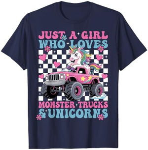 Just a Girl Who Loves Monster Trucks and Unicorns Girls T-Shirt - T-Shirt | Navy