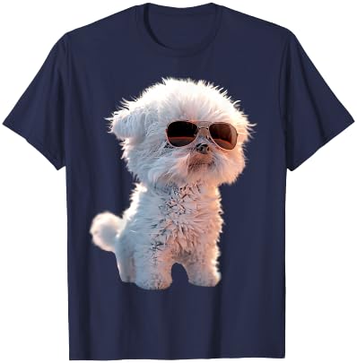 Maltese Bichon with Sunglasses Dog Love , Black, S T-Shirt - T-Shirt | Navy