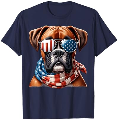 Boxer Dog USA Flag Sunglasses Patriotic Dog 4th of July T-Shirt - T-Shirt | Navy